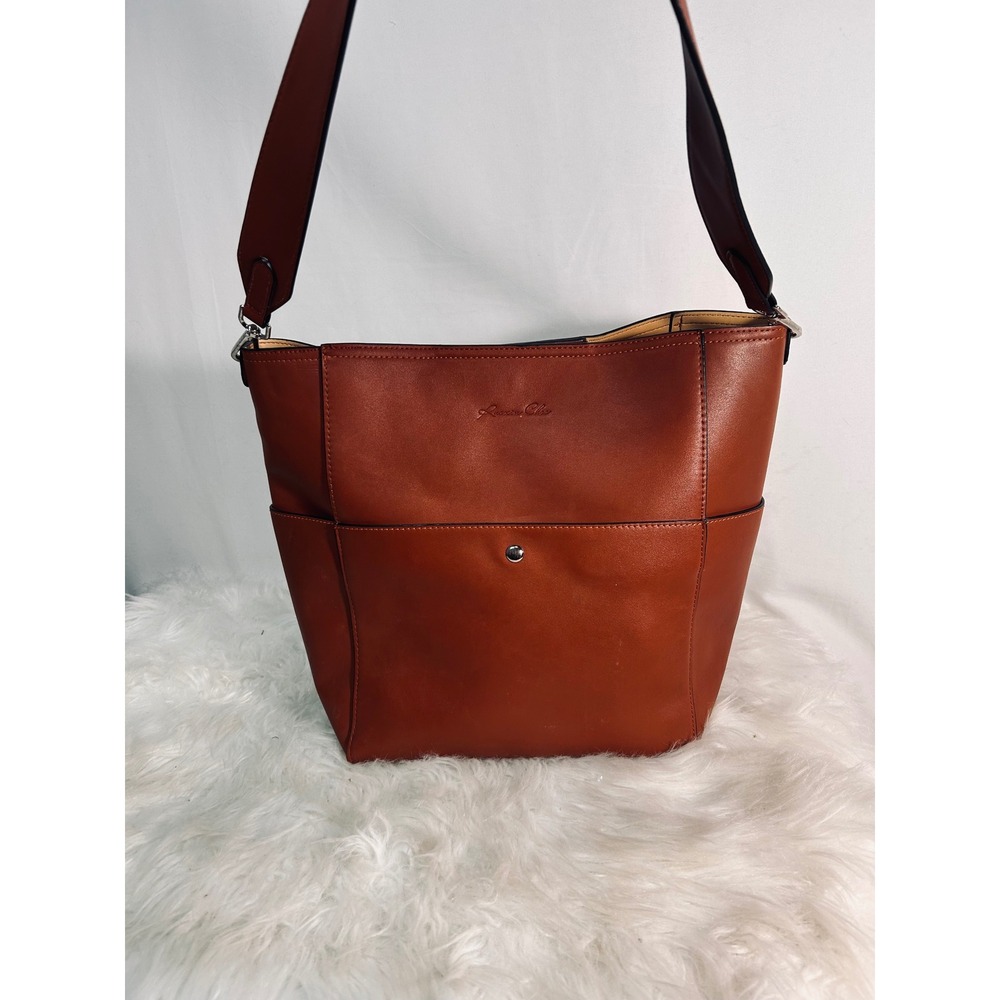 Luoxin Choo‎ Cognac Brown Leather Hobo Shoulder Bucket Bag Front Pocket Large